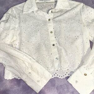 Zara White Embroidered Eyelet Button-Up Crop Top